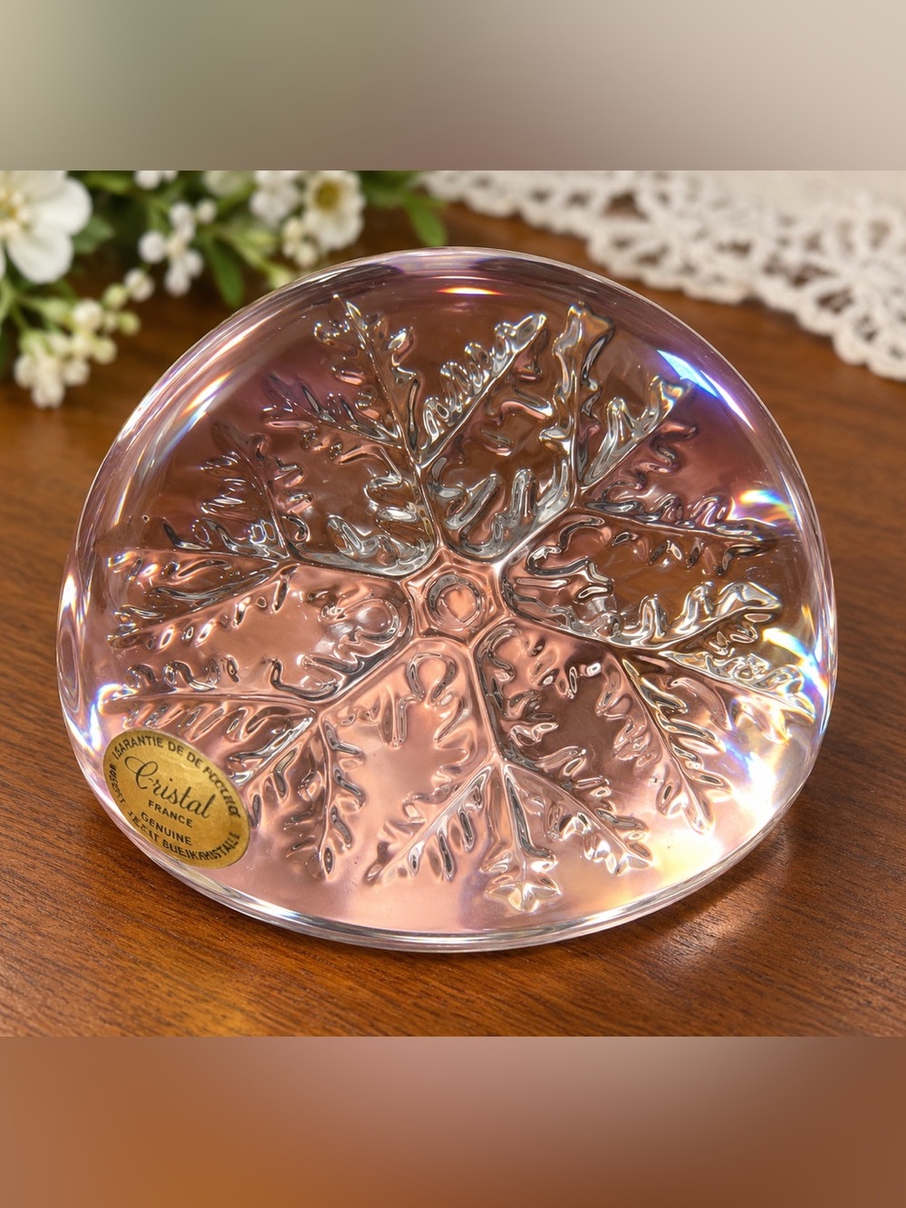Vintage Cristal France 24% Lead Crystal Snowflake Paperweight – Original Label